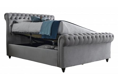 4ft6 Double Osmond Grey Velvet Chesterfield Scroll Rolled Ottoman Storage Bed Frame 1